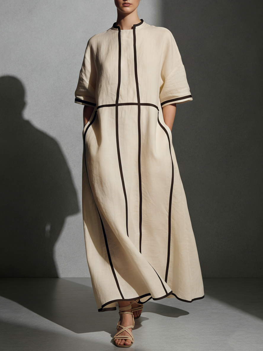 Maxi Dress with Stand Collar, Short Sleeves, Pockets, and Contrasting Stripes, Made of Modern Linen Blend for Women in Beige MDA2924L4AU