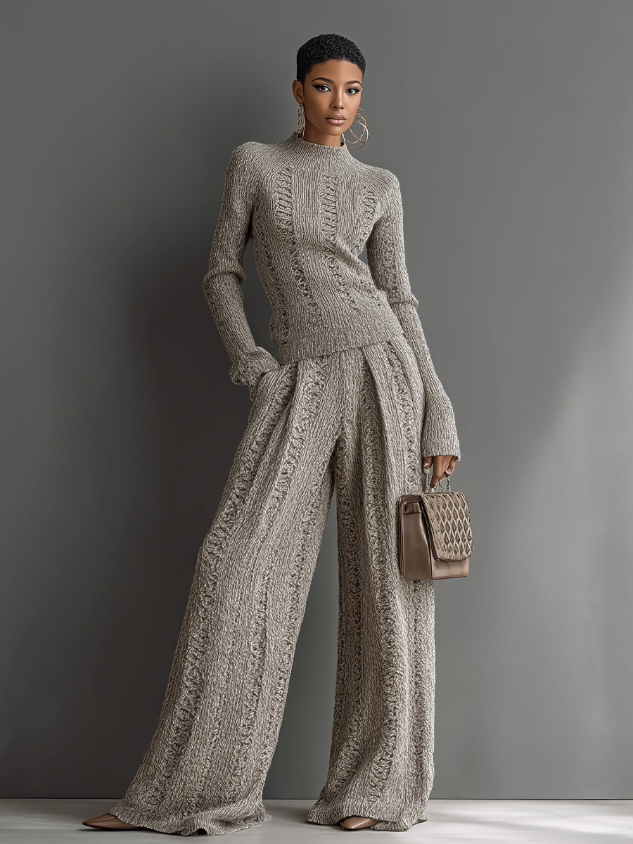 Elegant Textured Sweater Set in Top Color for Women with Wide Pants - MDA1453H6I