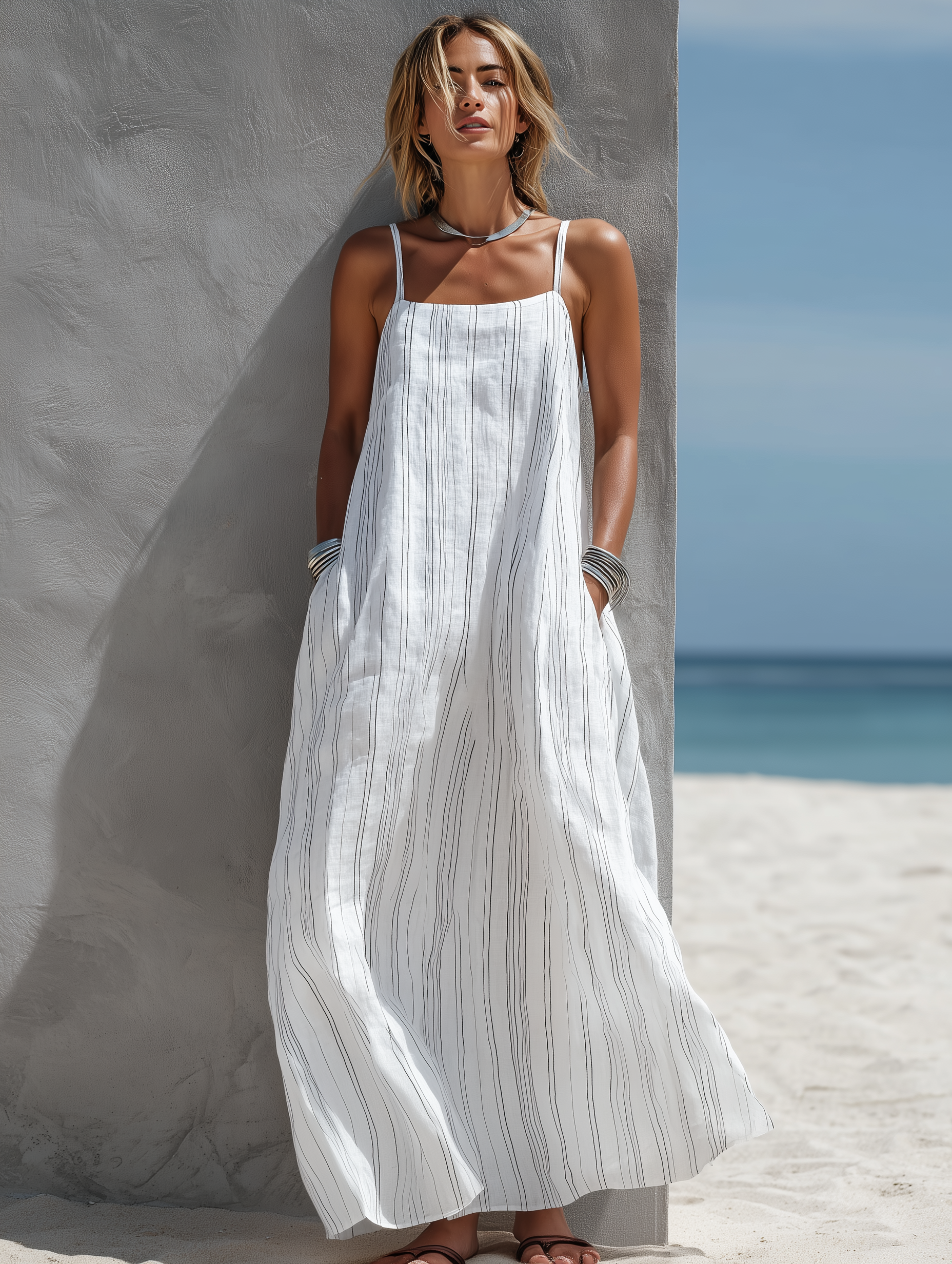 Long Dresses for Women with Vertical Stripes, White, Light and Flowing MDZ0324C9AN