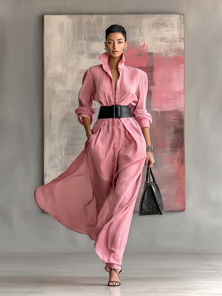 Solid Color Maxi Dresses with Collar and Long Sleeves for Women MDA0917G0Y
