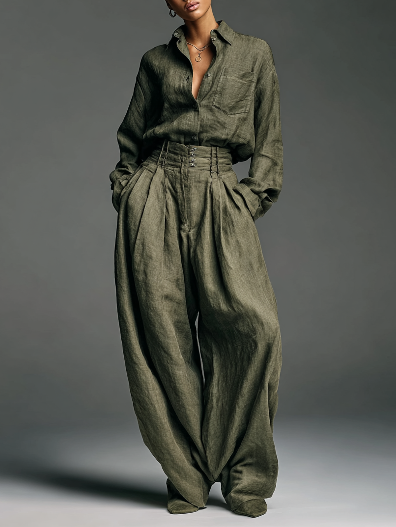 Double Set for Women Made of Cotton and Linen with Long Sleeve Shirt and Wide Pants