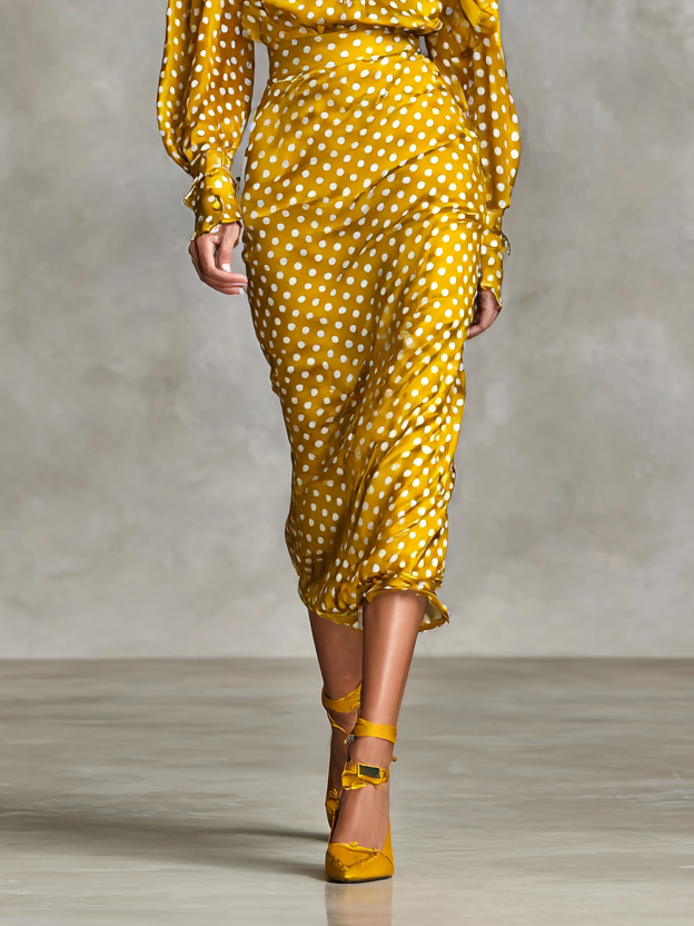 Vintage Silk Top and Skirt Set with Polka Dot Print for Women (Scarf Not Included) MDA3073G0Y