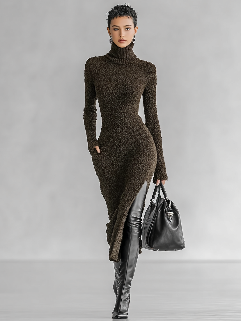 Women's Midi Dress with High Collar, Side Cut, Slim Style, Soft Linen MDA1401J4Y