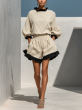 Long Sleeve Blouse for Women in Beige with Contrasting Raffia Edges and High-Waisted Shorts with Raffia Trim - Two-Piece Set MDZ1018D0T