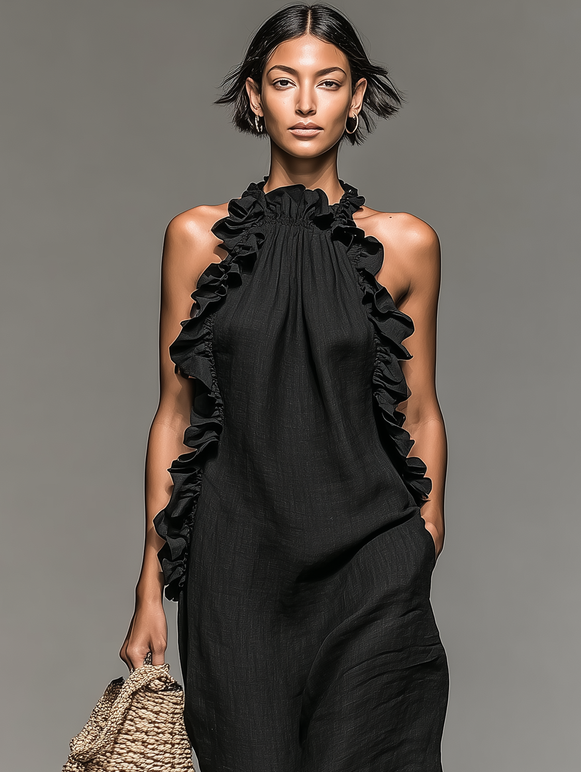 Sleeveless Maxi Dresses Made of Minimalist Linen Fabric with Ruffle Details