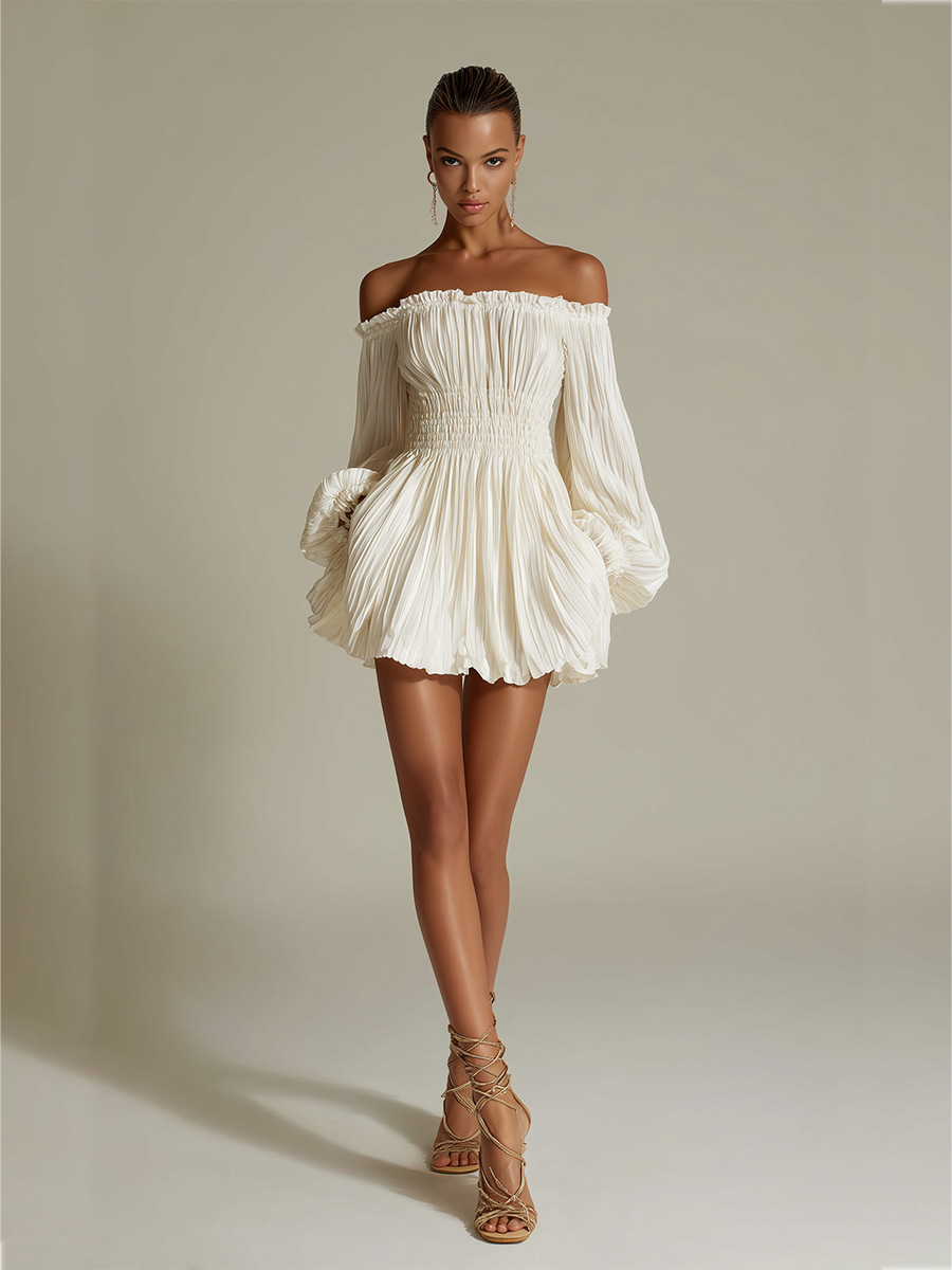 Women's Ivory Dresses with Off-Shoulder Collar and Pleated Waist, Elegant-Sexy Classic Dress MDZ1305B8I