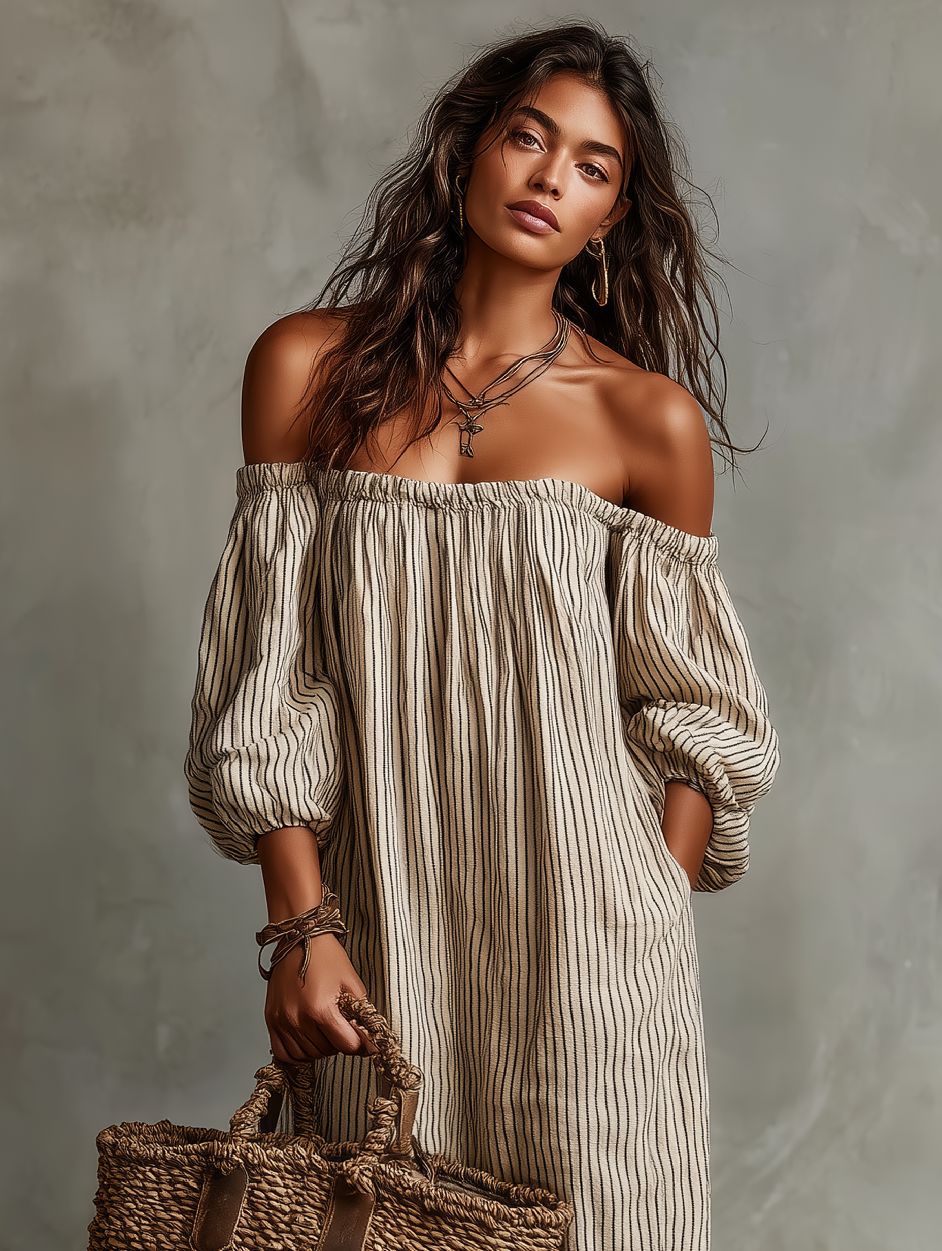Kerman | Long Dress Made of Cotton and Linen with Off-Shoulder Design