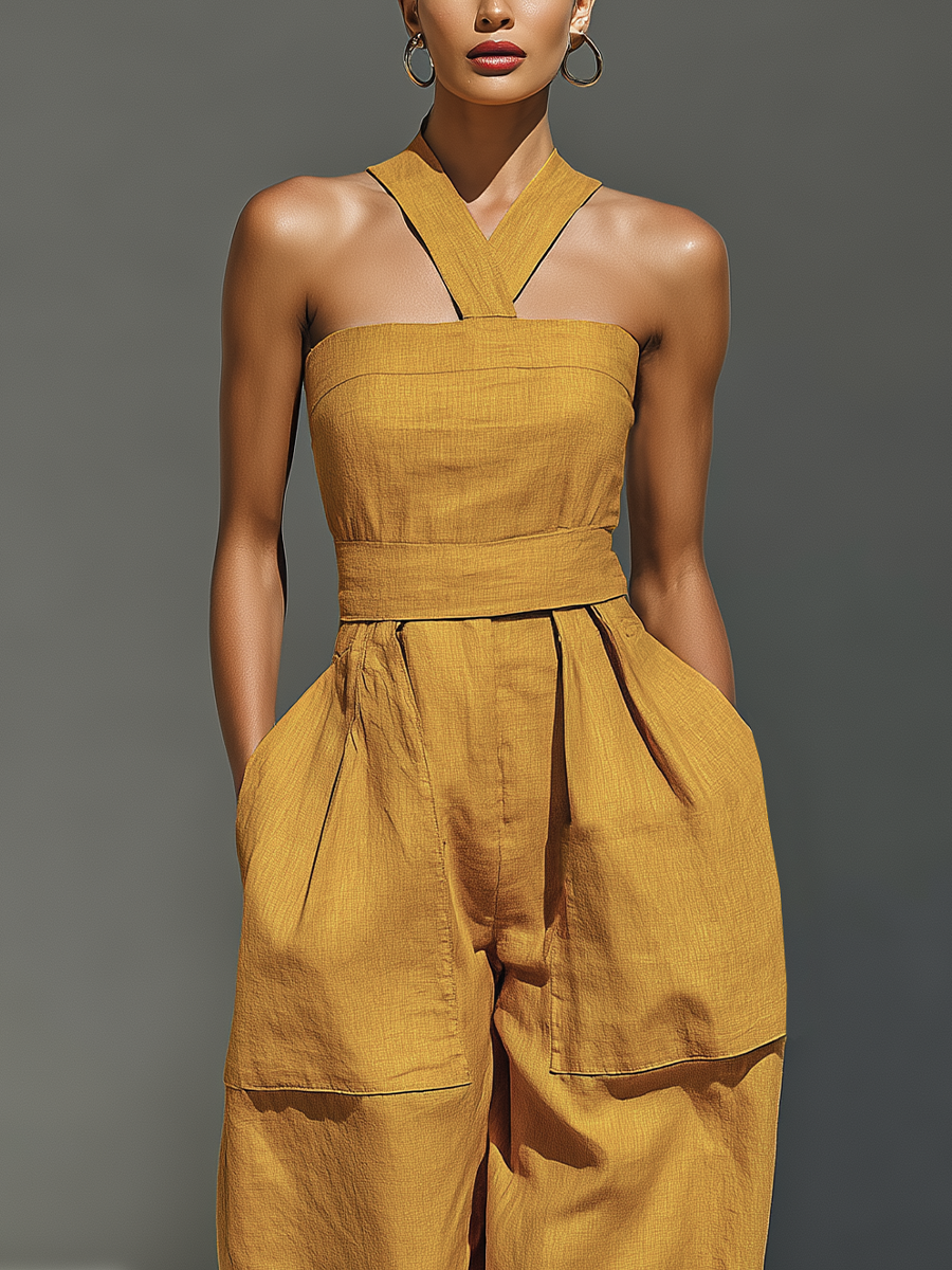 Women's Mustard Suit with Crossed Collar and Loose Pants MDZ2808B6T