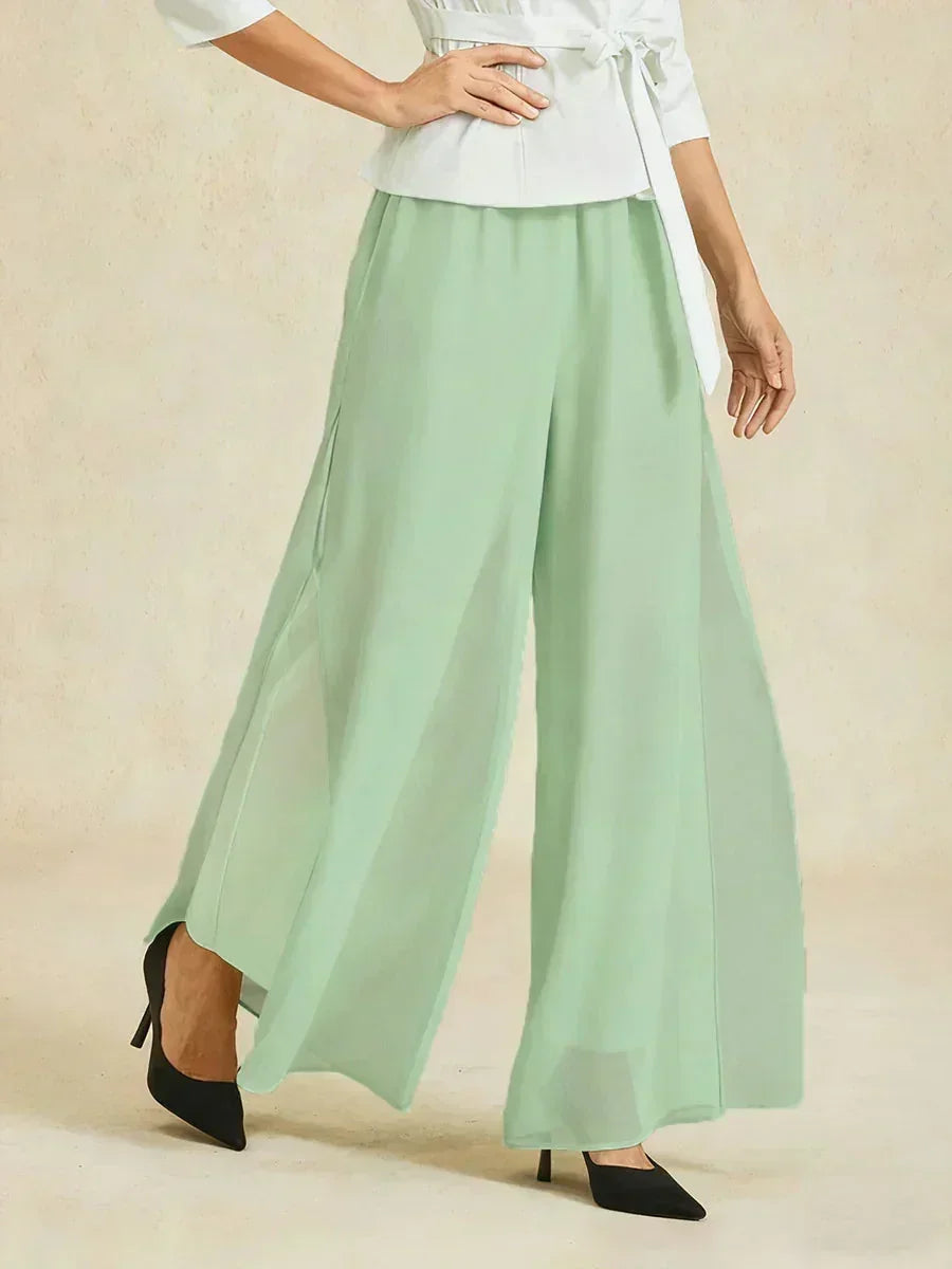 Straight Pants with Flowing Split Chiffon Layer
