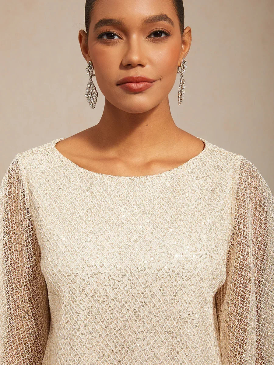 Layered mesh top with sequins and bell-shaped sleeves