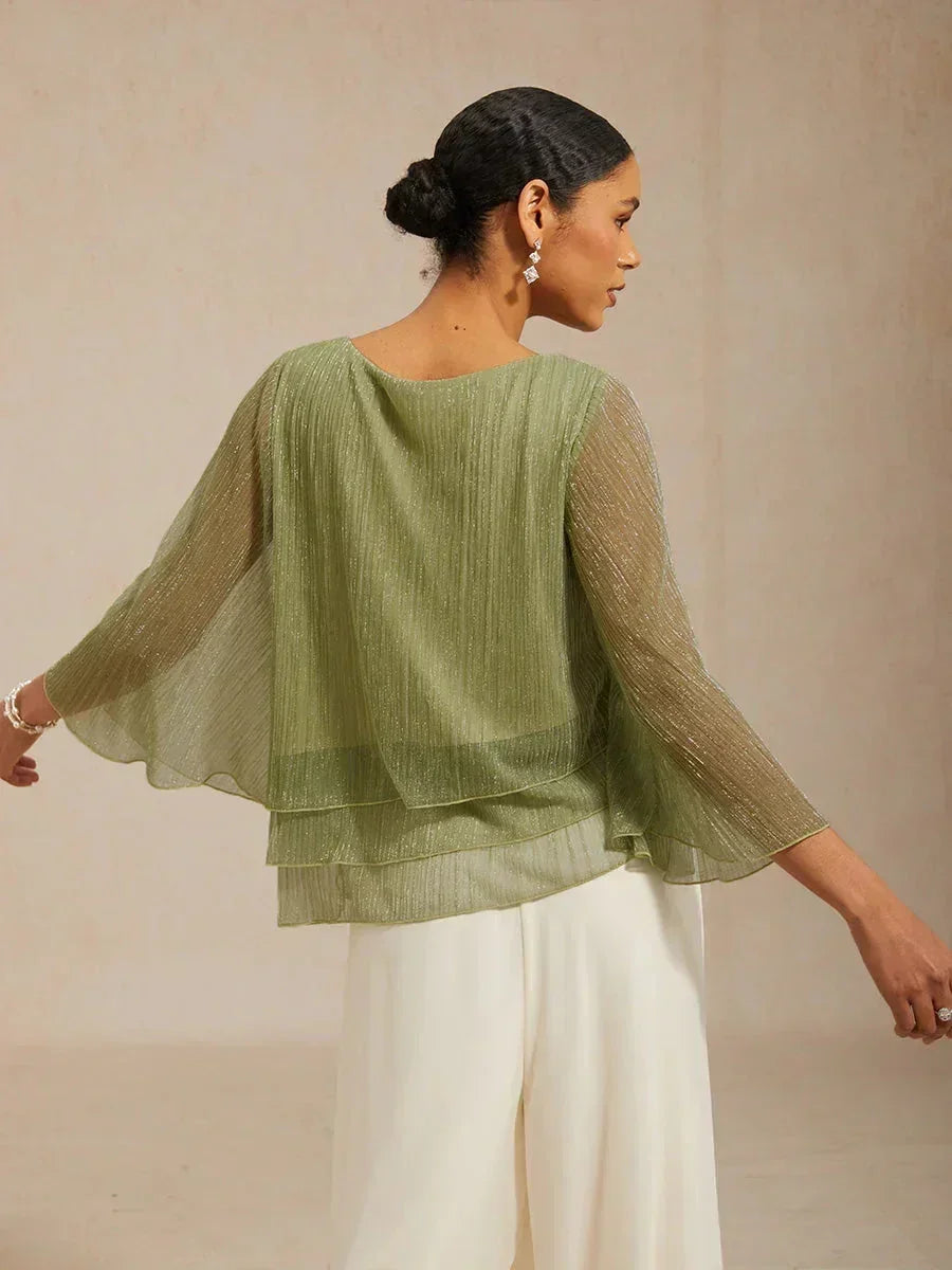 Asymmetrical Layered Shirt in Crinkled Metallic Chiffon