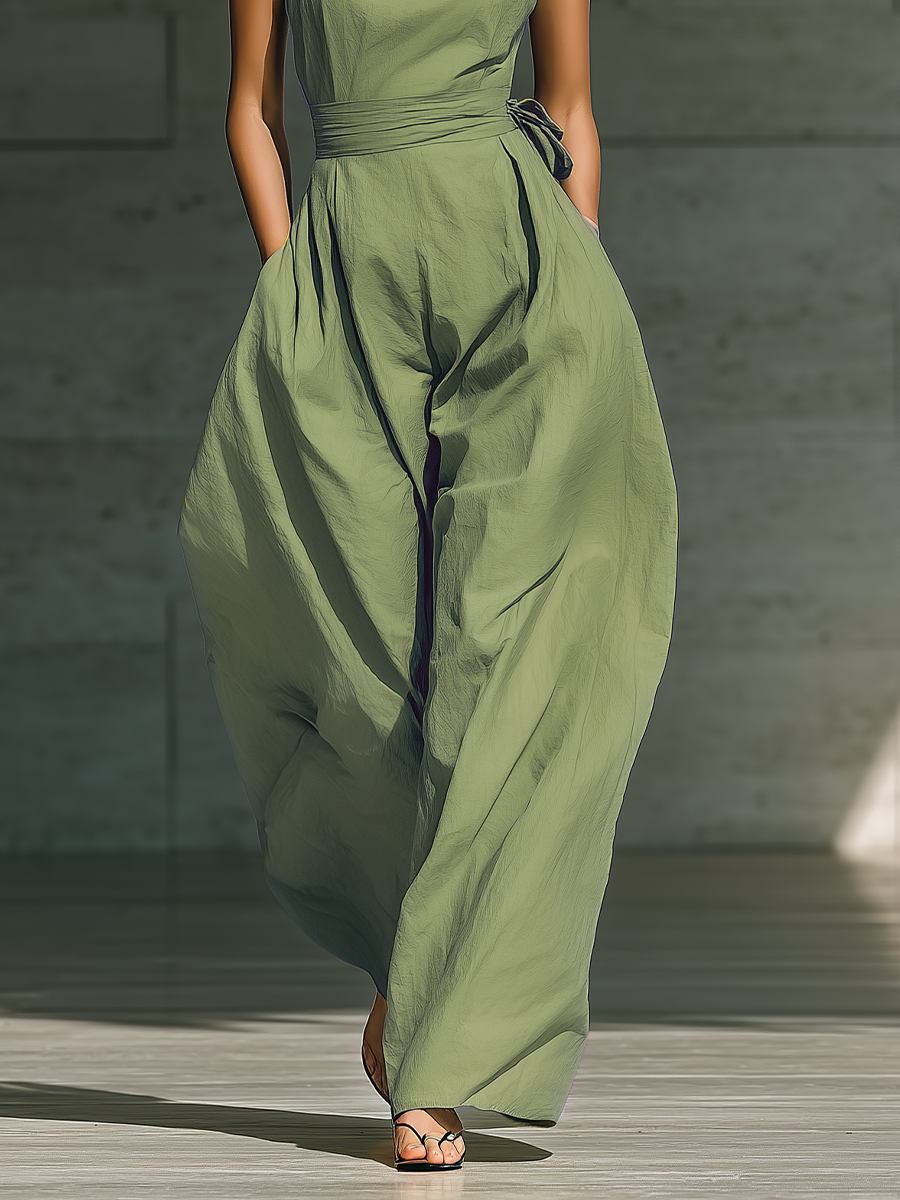 One-Strap Wide-Leg Jumpsuit in Light Green for Women with Tied Waist MDZ3136A8T