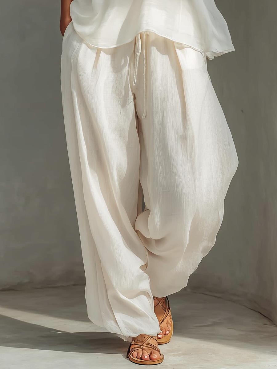 Two-Piece Set for Women in Cream Color with Sleeveless Sheer Silk Top and Wide Skirt Made of Cotton and Linen MDZ1039C4T
