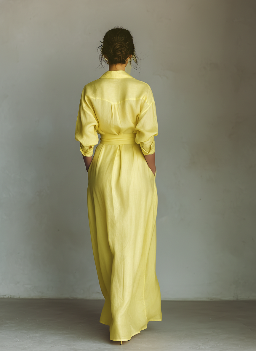 Cotton and Linen Maxi Dresses in Lemon Yellow for Women with Tie Belt and Half Sleeves MDZ2884A4T