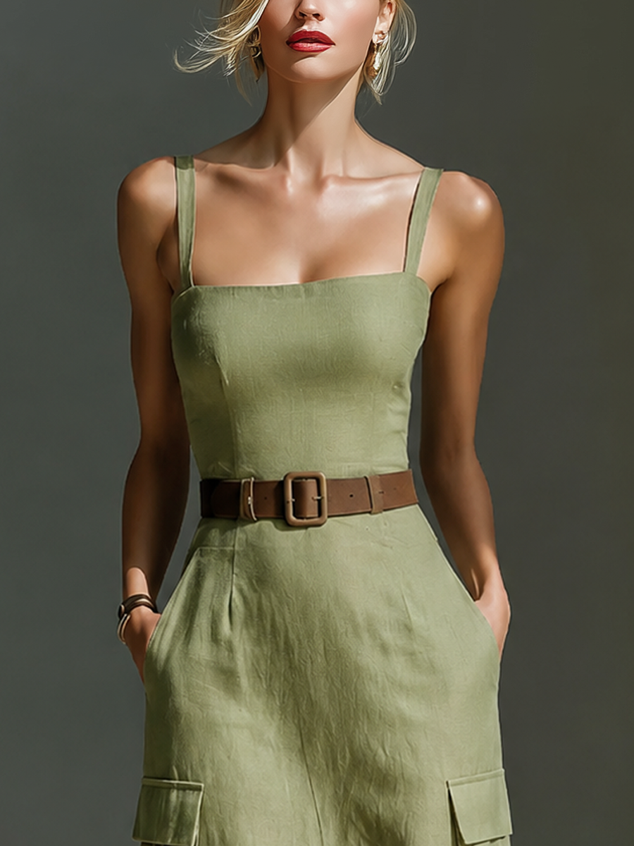 Olive Green Midi Dress for Women Made of Linen Fabric, Sleeveless with Cargo Pockets and Waist with Belt MDZ2753A1T
