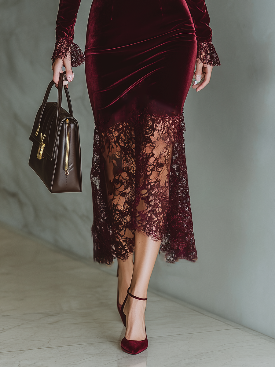 Burgundy Velvet Maxi Dress for Women MDA1190J4T