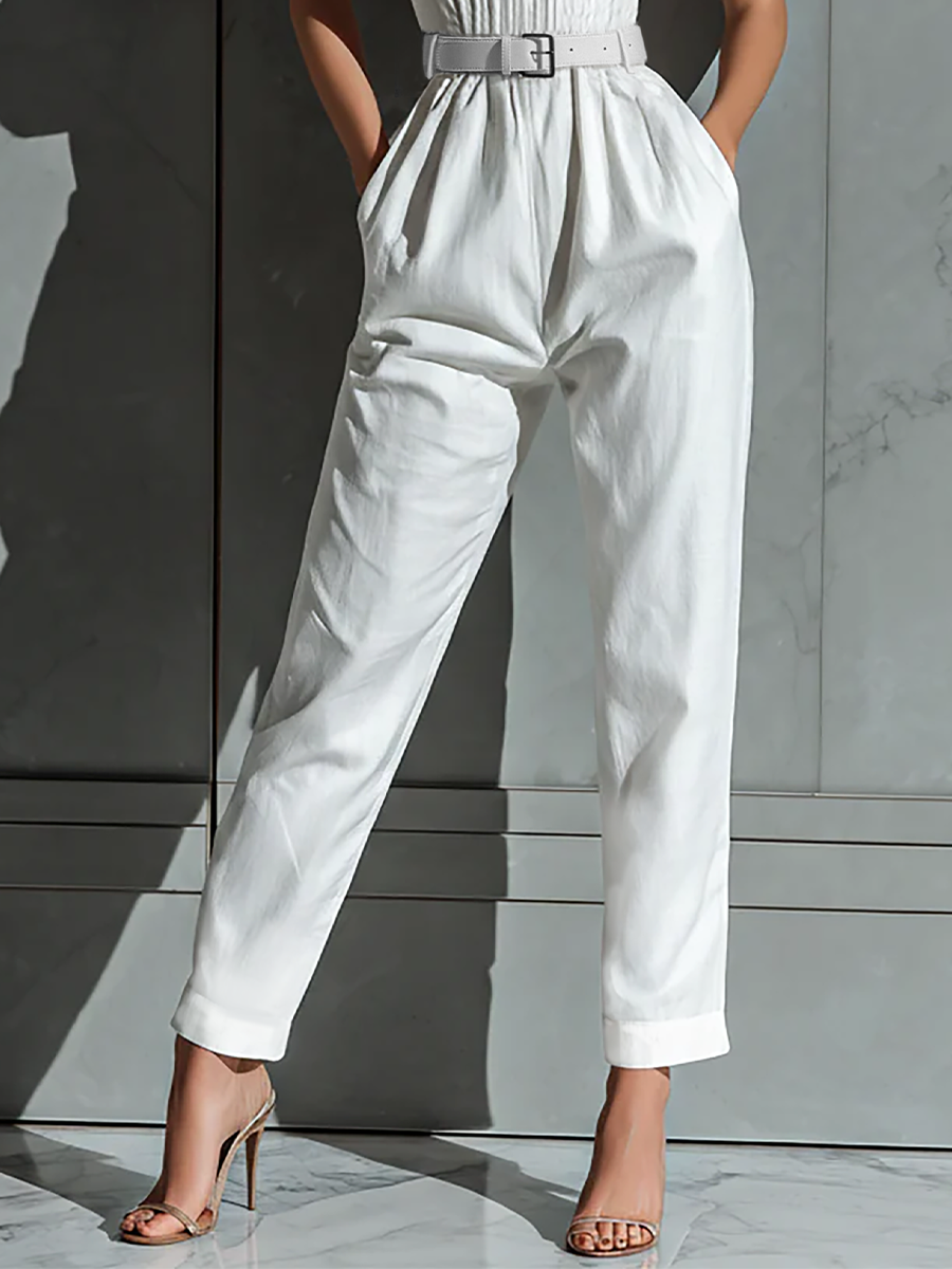 Women's Ivory Suit with Wide Legs and Embellished Waist MDZ0674B7T