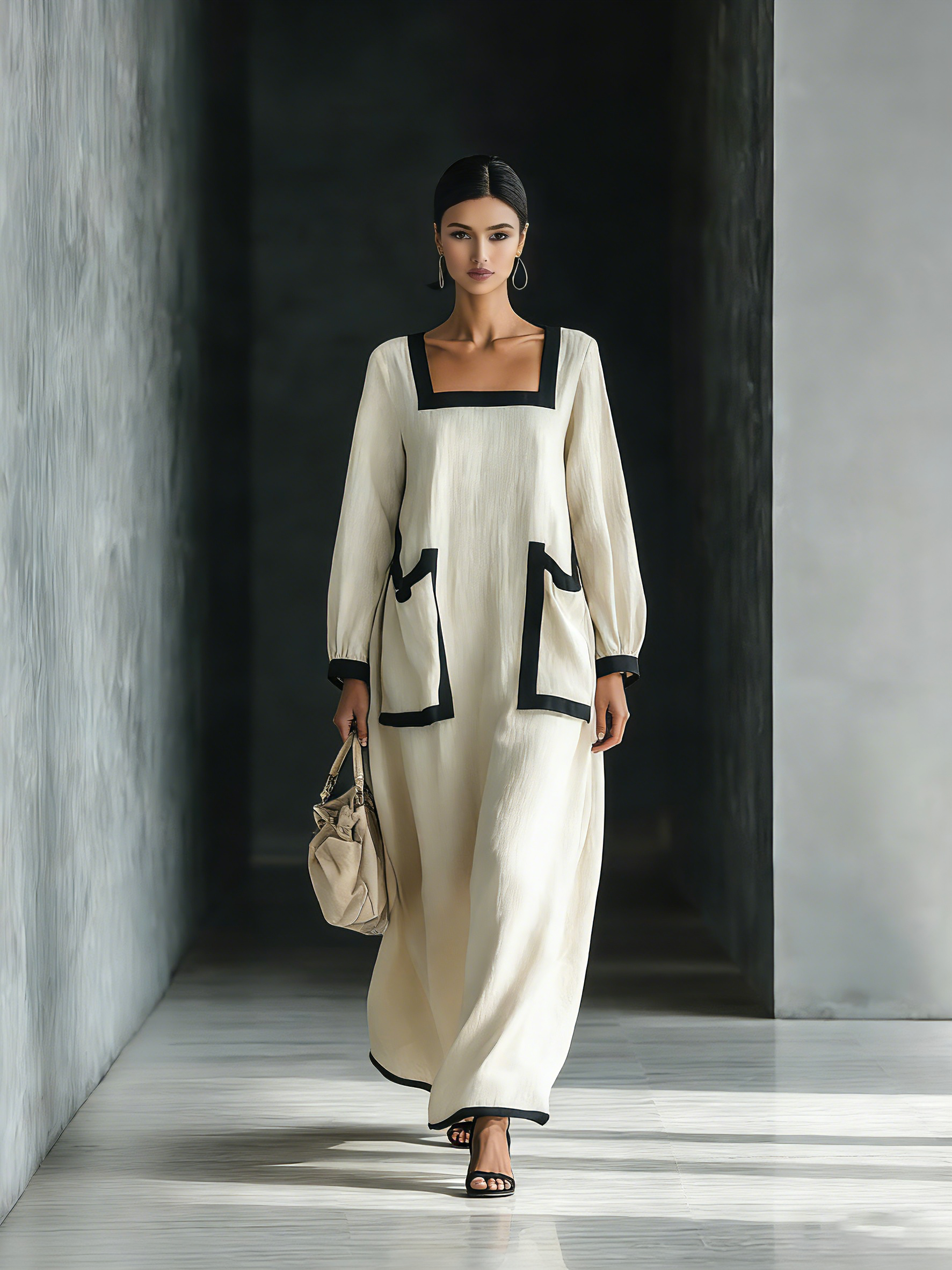 Women's Maxi Dress in Beige Made of Cotton and Linen Blend with Square Neckline, Black Finish, and Large Pockets MDZ1507A0T