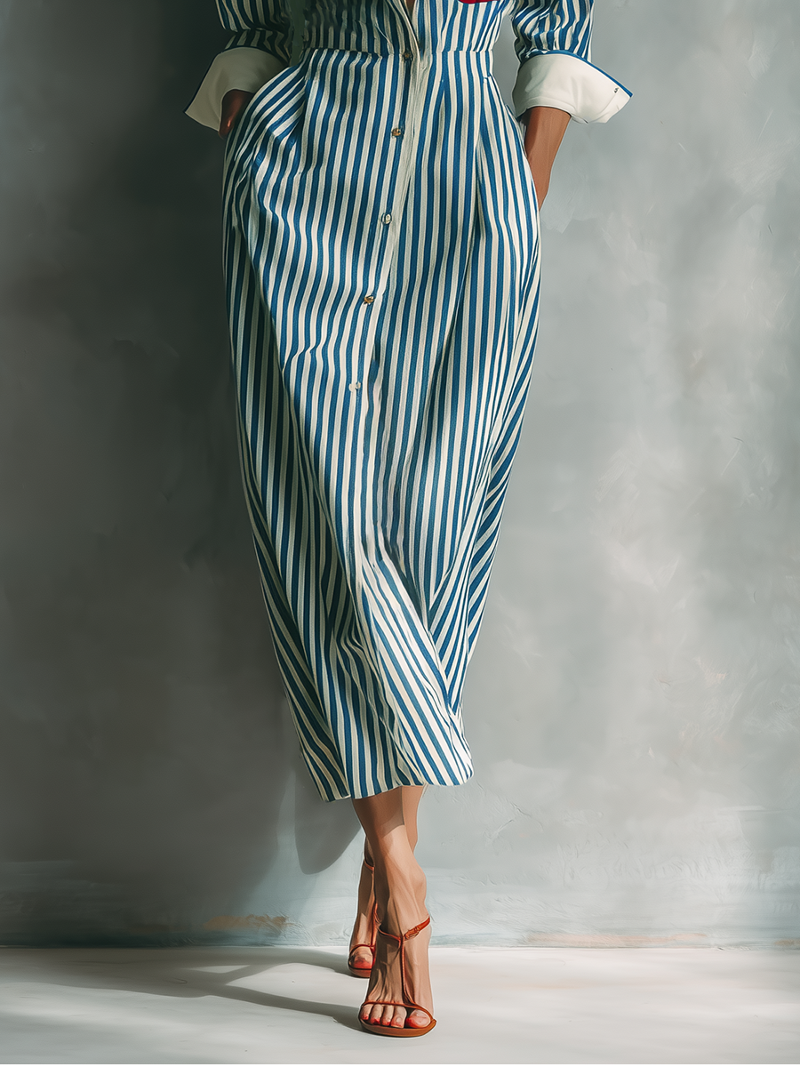 Shirt Dresses with Blue and White Stripes for Women with a Red Chest Pocket MDZ1286C2T