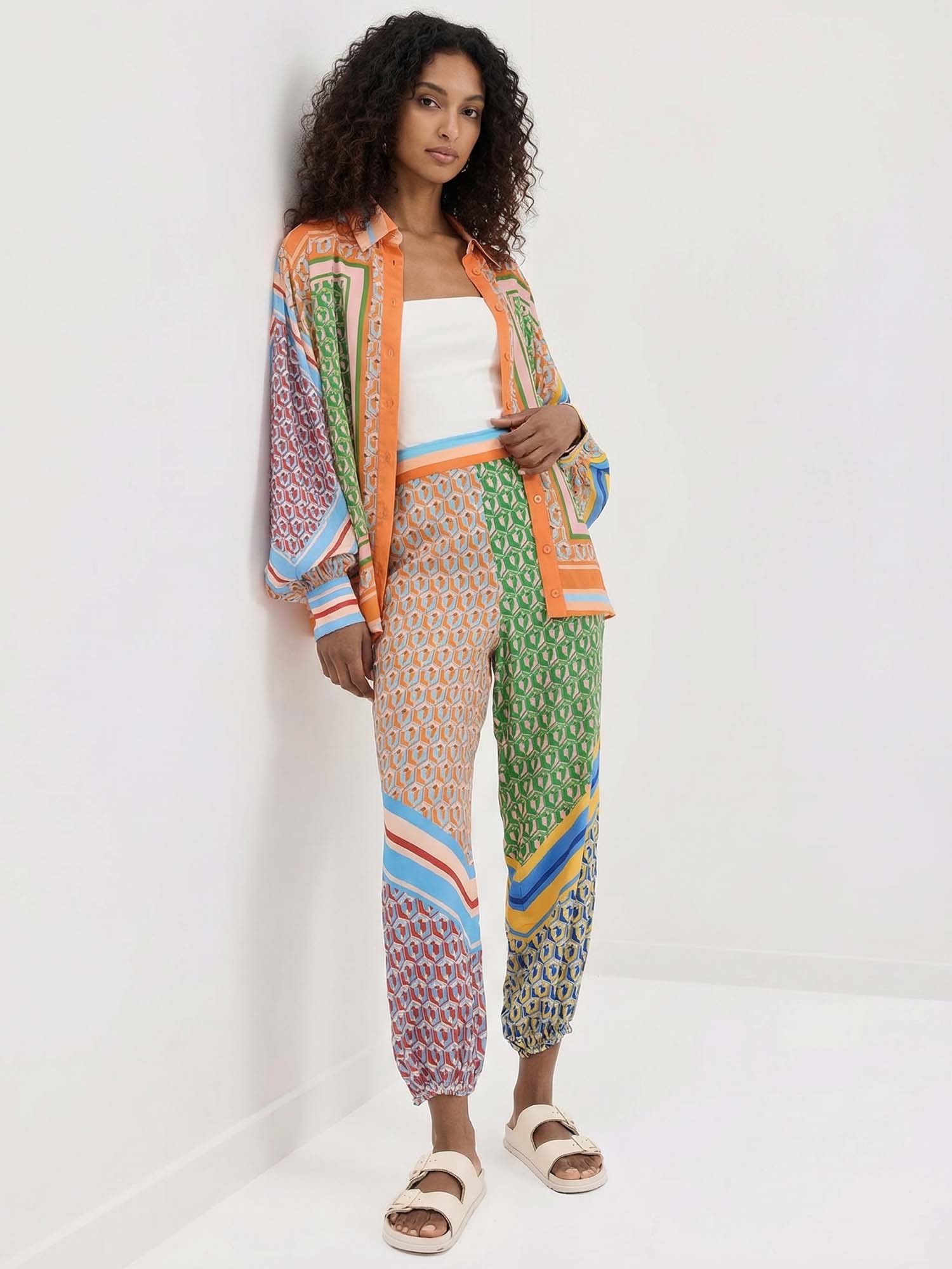 Large Printed Button-Up Shirt with Color Details