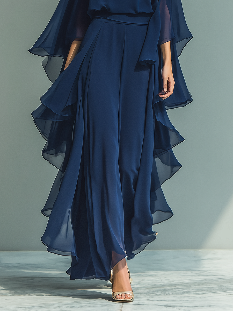 Navy Blue Chiffon Women's Top with Flared Sleeves and Straight Pants with Pleated Details MDZ2218A5T