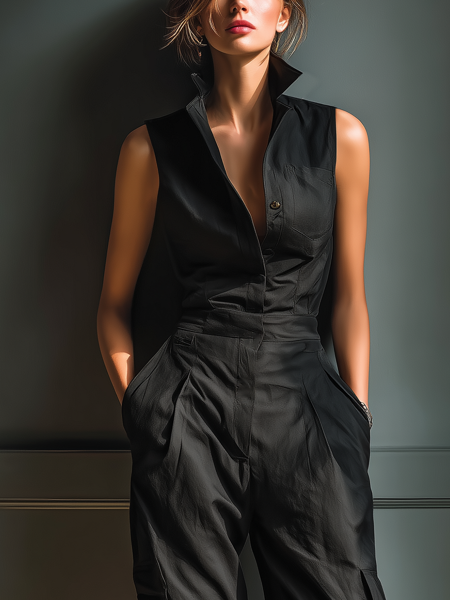 Sleeveless Rubber Jumpsuit for Women in Black with Cargo Pockets MDZ0908A3T