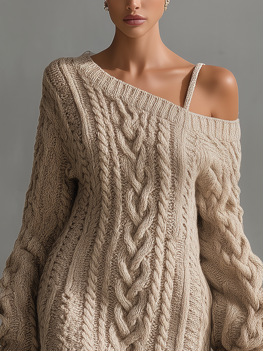 Trendy Mini Dress for Women in Beige with Cable Knit MDA1314J6T