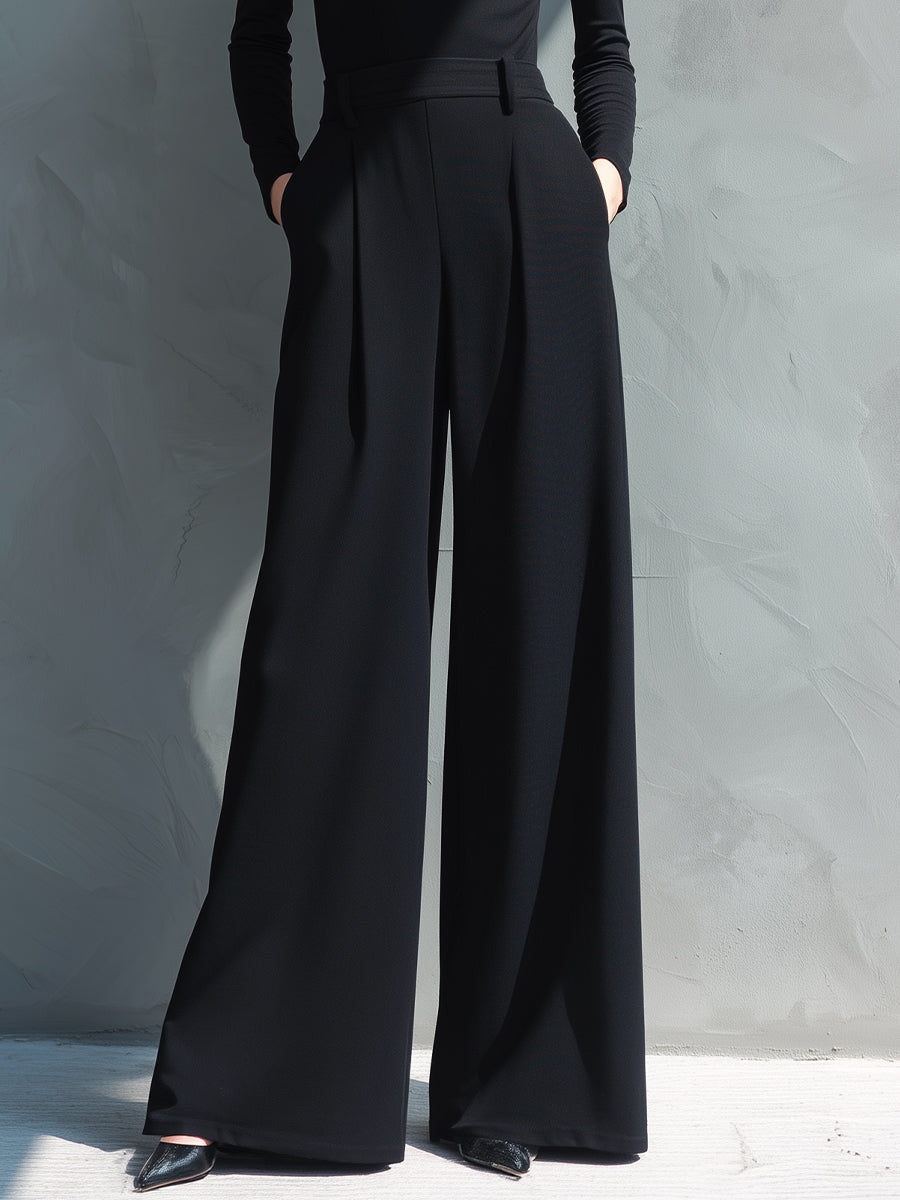 Classic Black Jersey Jumpsuit for Women with High Collar and Wide Legs - MDA2133J5I