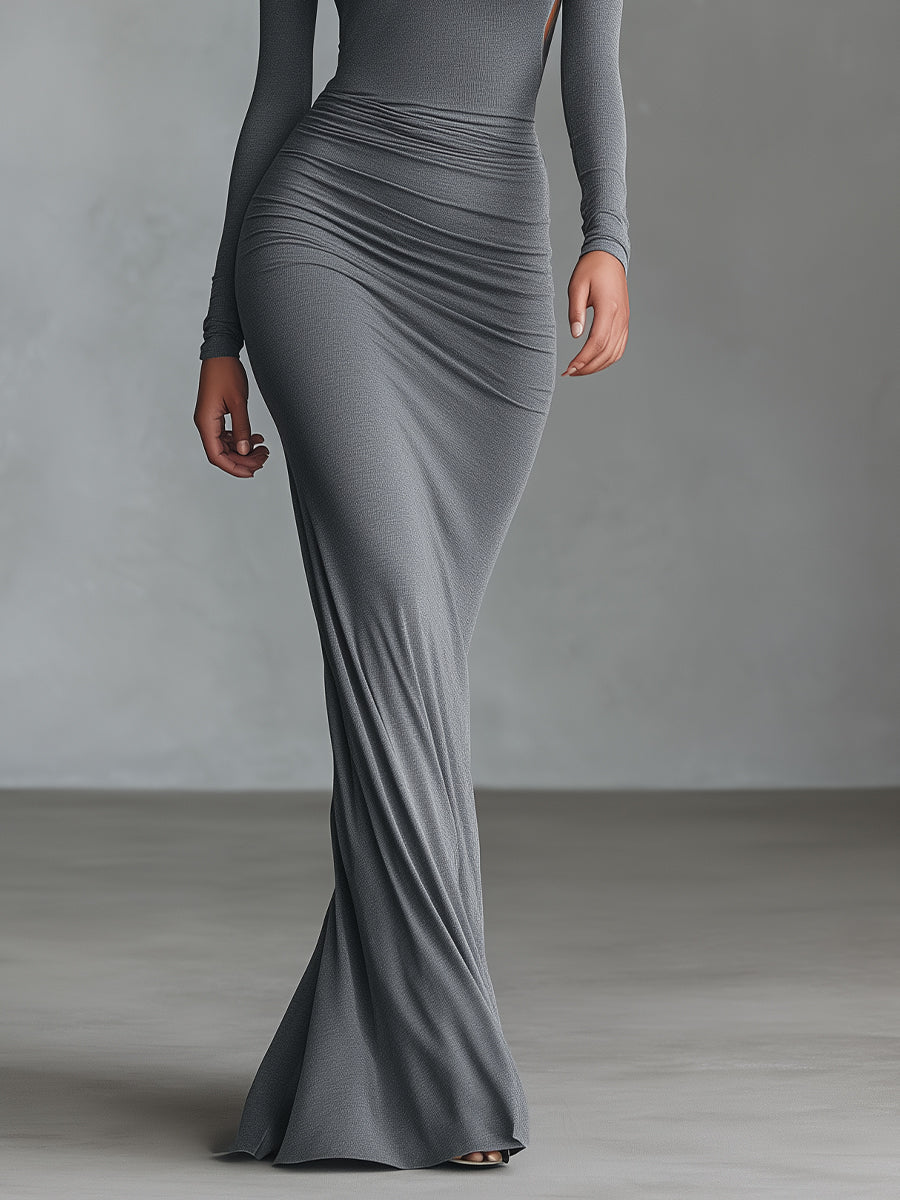 Elegant Gray Maxi Dresses for Women in Fitted Size - Polyester-Cotton Blend with Open Back MDA2860H8I