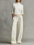 Women's Turtleneck Top in Cream Color with Wide and Spacious Pants MDA0185K5I