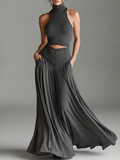 Dark Gray Women's Stretch Dress with High Collar and Waist Cut, Timeless Elegant Minimalist Style MDZ0960B2I