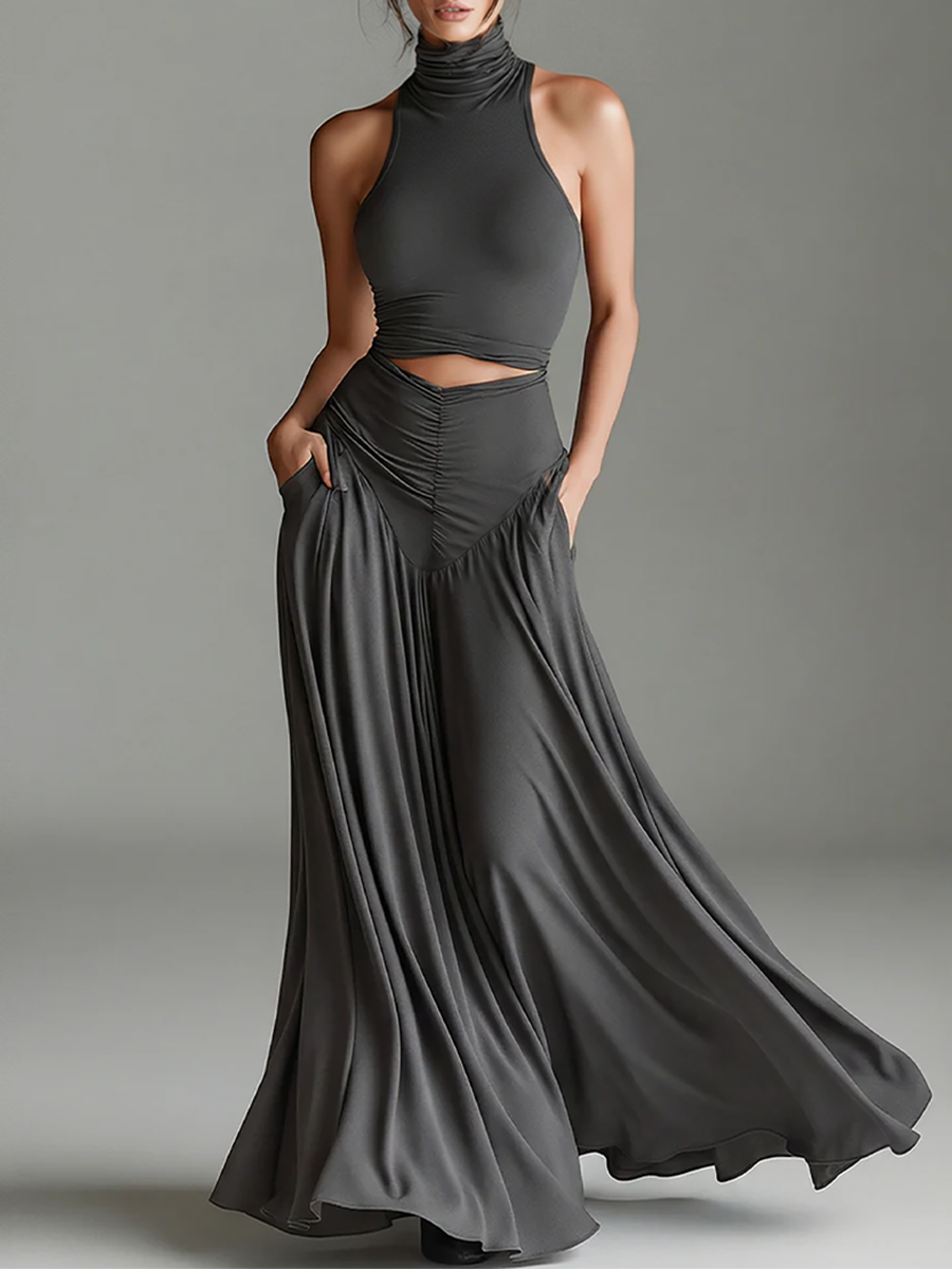 Dark Gray Women's Stretch Dress with High Collar and Waist Cut, Timeless Elegant Minimalist Style MDZ0960B2I