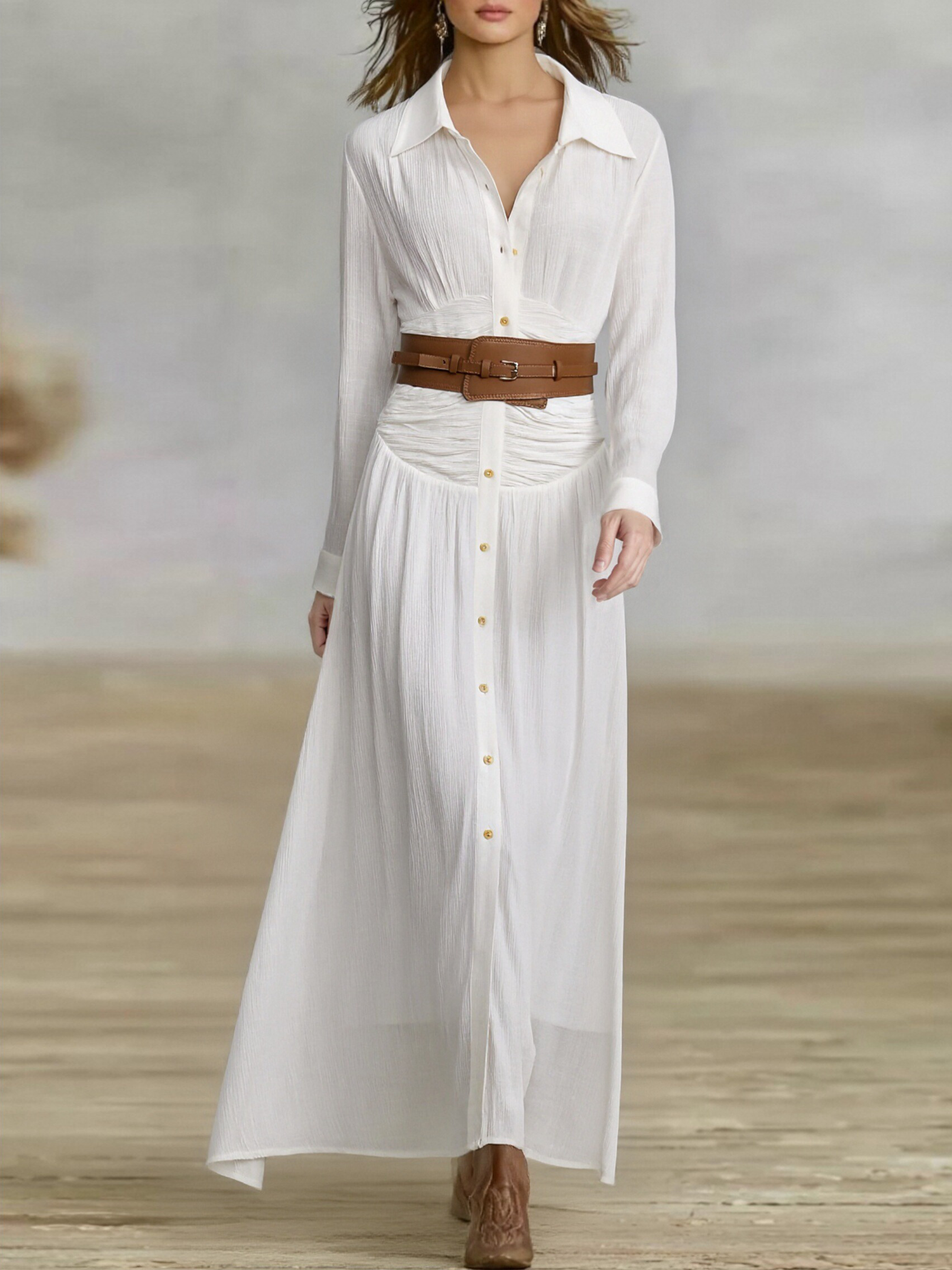 Women's Maxi Dresses in Imitation Cotton and Linen with Pockets and Long Sleeves MDA1768I7Y
