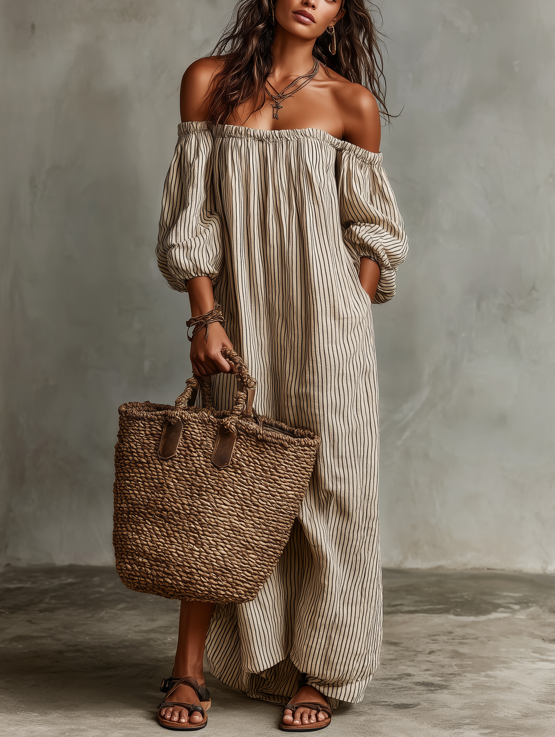 Long Maxi Dress with Long Sleeves and Off-the-Shoulder Design for Women in Cotton-Linen Fabric MDZ0481B5Y