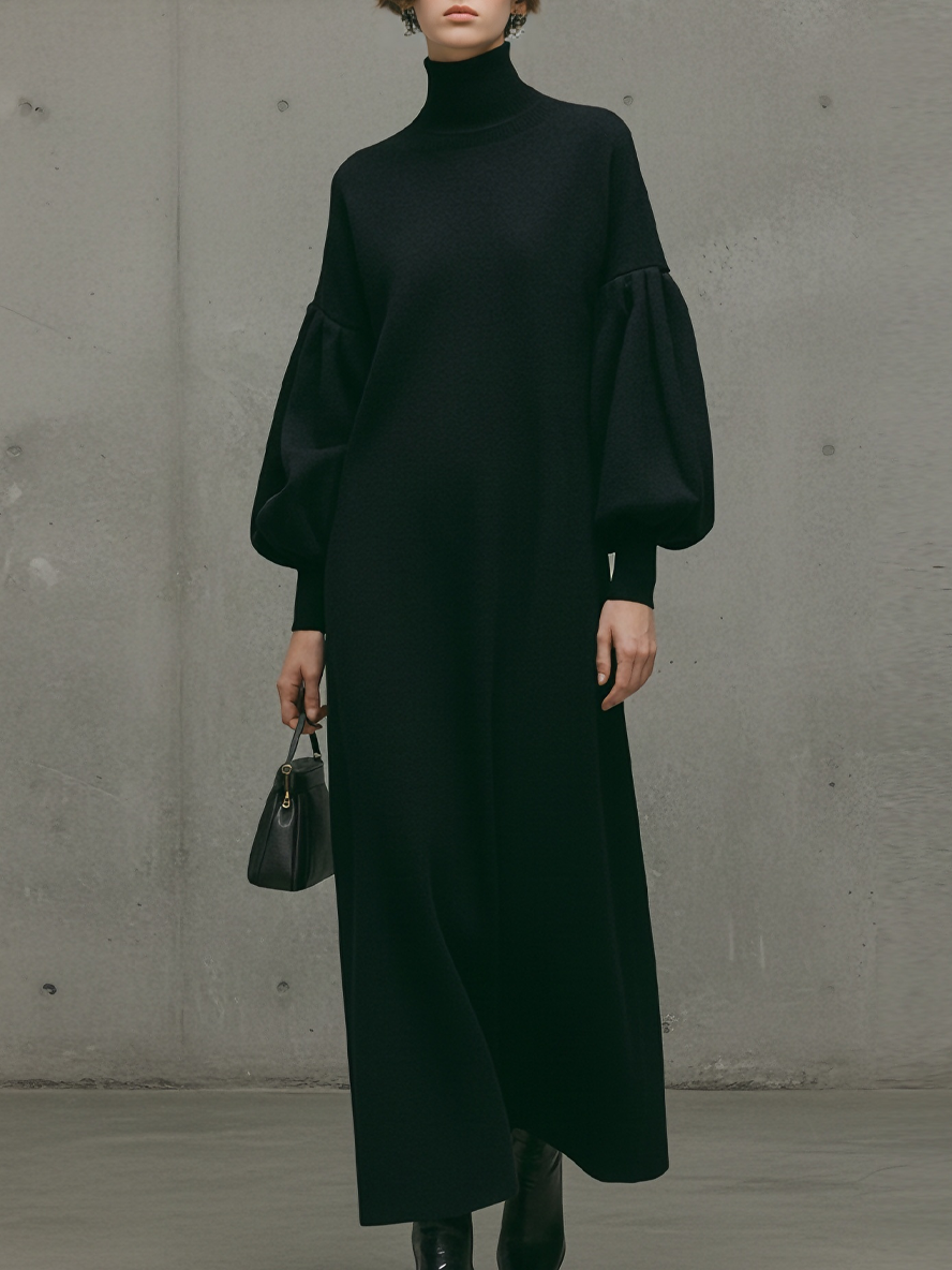 Modern Maxi Dress for Women with Black Turtleneck and Puff Sleeves MDA1503L6AU