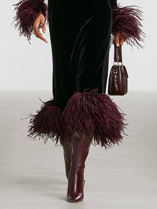 Women's Maxi Dress with Minimalist Velvet Patchwork and Faux Ostrich Feather Sleeves and Hem MDA1174J9Y