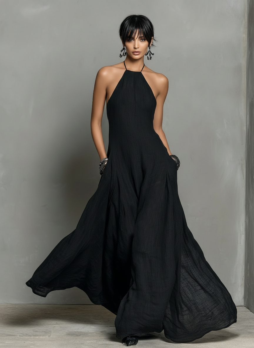 Women's Maxi Dress in Minimalist Style with Sleeveless Design in Linen Blend MDZ2210A0Y