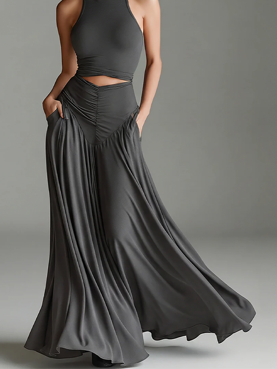 Dark Gray Women's Stretch Dress with High Collar and Waist Cut, Timeless Elegant Minimalist Style MDZ0960B2I