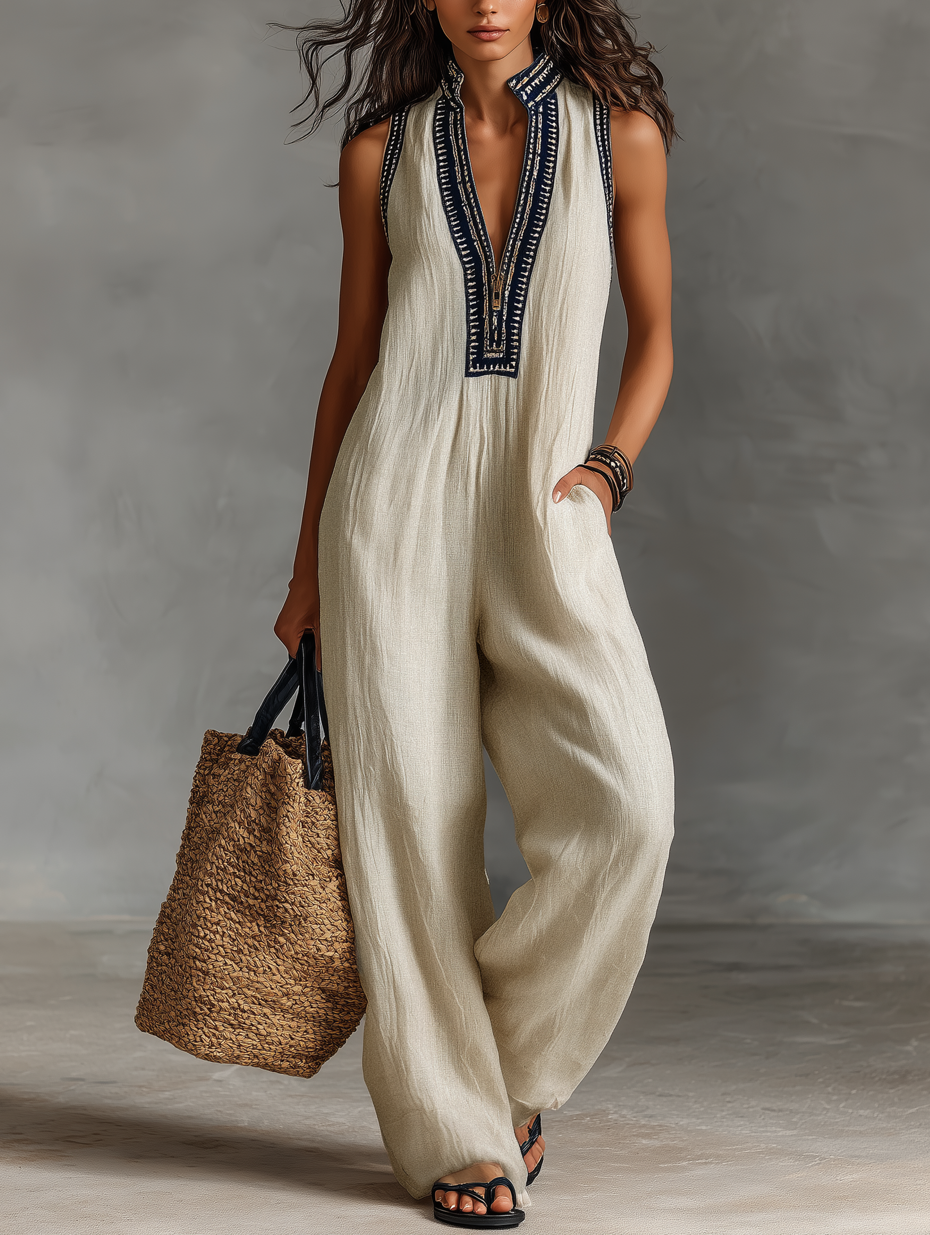 Minimalist Women's Sleeveless Linux Suit with Durable Zipper and Collar, Embroidery MDZ0627B3Y