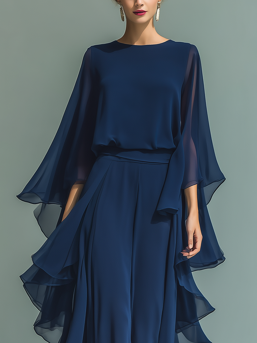 Navy Blue Chiffon Women's Top with Flared Sleeves and Straight Pants with Pleated Details MDZ2218A5T
