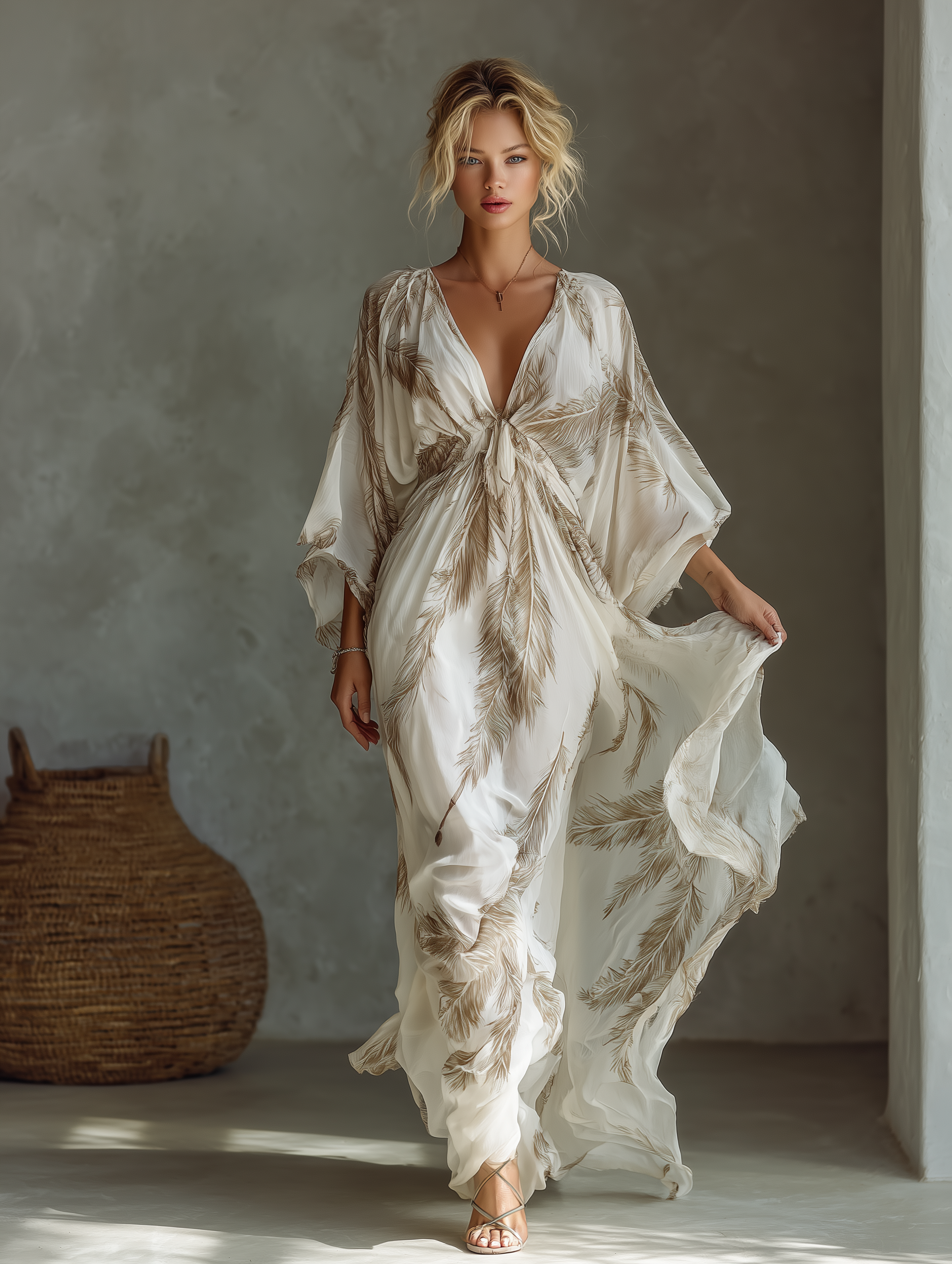 Women's Maxi Dress in Ivory and Taupe with Dolman Sleeves, Twisted Front, and Palm Leaf Print MDZ0332B6T