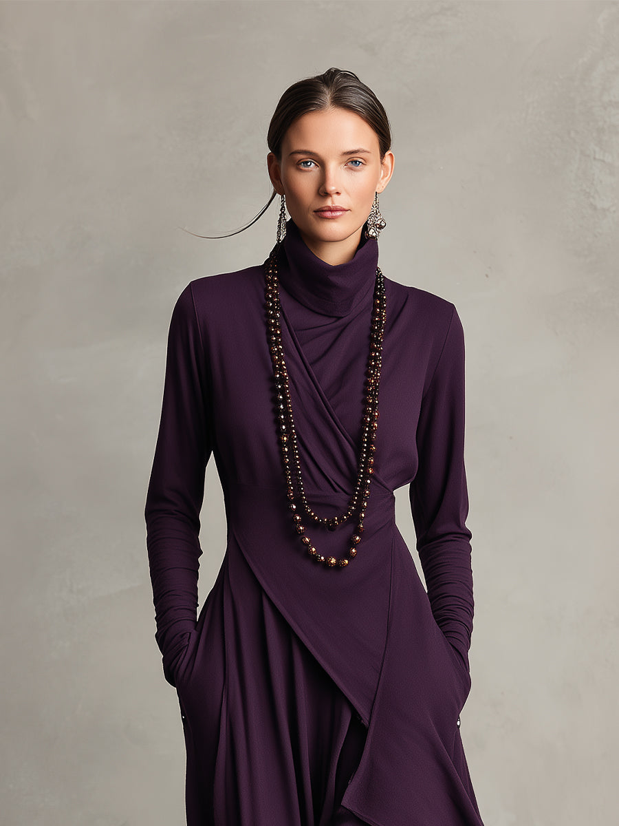 Purple Velvet Maxi Dress for Women with High Collar, Asymmetrical and Designed MDA2055J9I