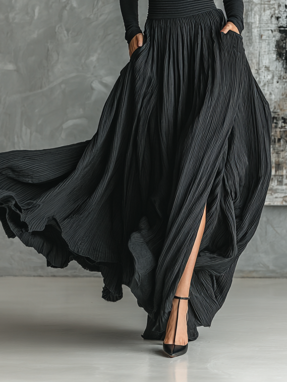 High Neck T-Shirt and Pleated Dress Set for Women in Solid Black MDA1366H1Y