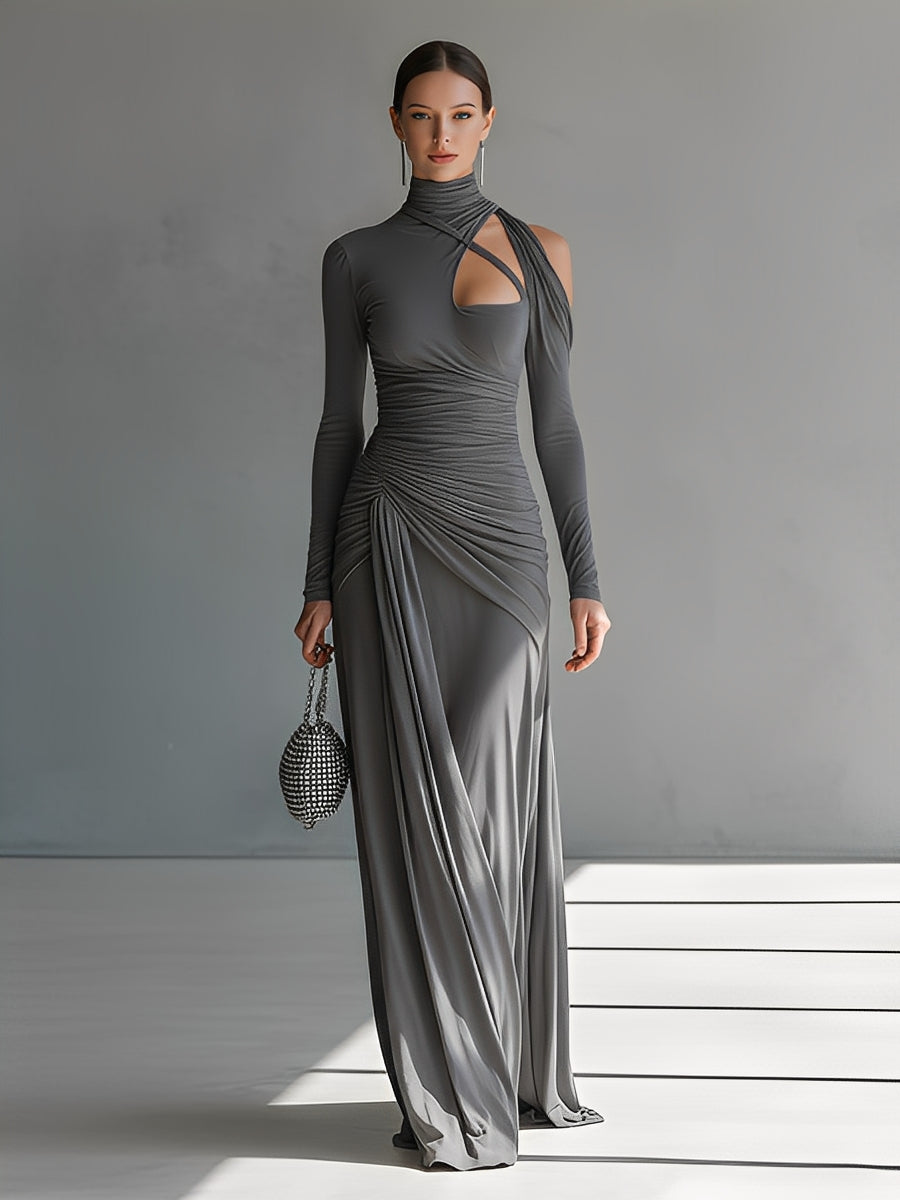 Women’s Gray Maxi Dress in Stretch Silk with Wrinkled Details and Cut MDA0546K6I
