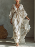 Women's Maxi Dress in Ivory and Taupe with Dolman Sleeves, Twisted Front, and Palm Leaf Print MDZ0332B6T