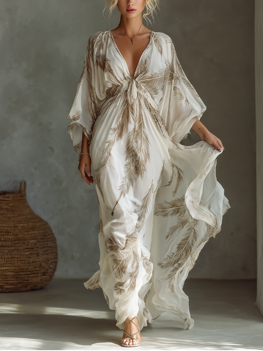 Women's Maxi Dress in Ivory and Taupe with Dolman Sleeves, Twisted Front, and Palm Leaf Print MDZ0332B6T