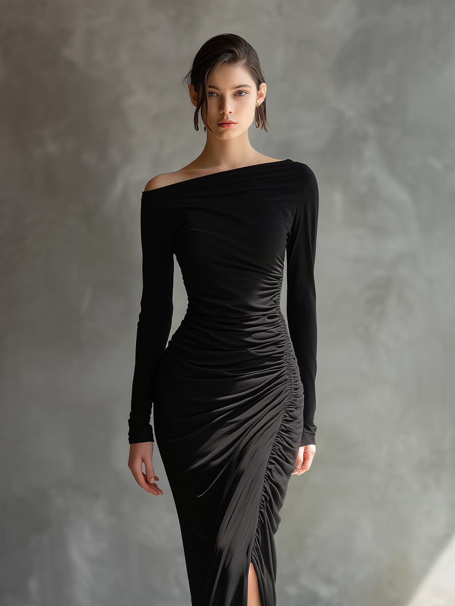 Elegant Black Maxi Dresses for Women with Exposed Shoulders and Rips MDA2125H9I