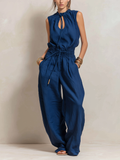 Elegant Women's Bodysuit in Dark Blue Made of Cotton-Linen Blend, Sleeveless with Round Collar MDZ2068C2AN