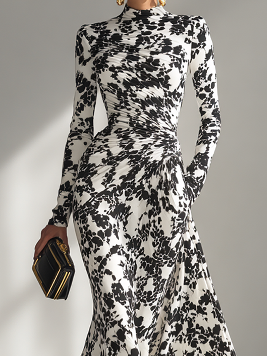 Maxi Dresses for Women with High Collar in Floral, Black and White MDA1295K1AP