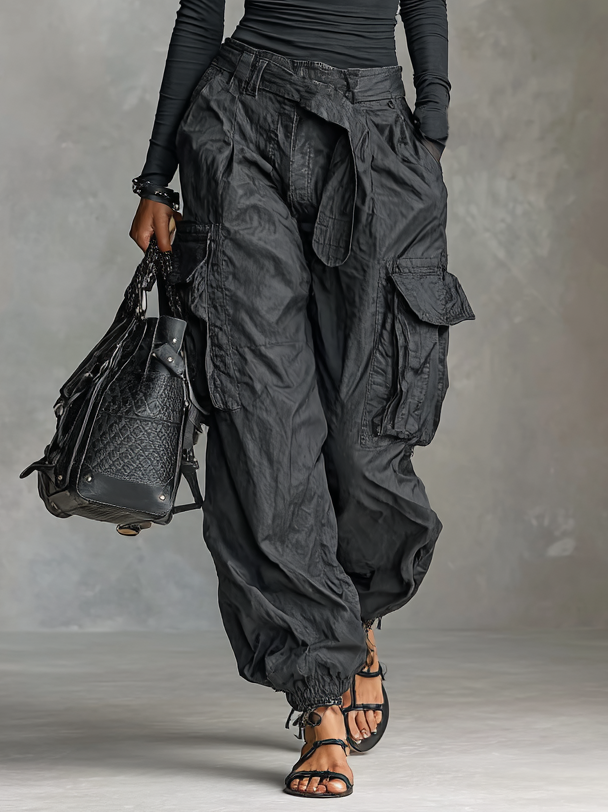 Two-Piece Set: Long Sleeve Square Neck T-Shirt with Cargo Pants with Many Pockets